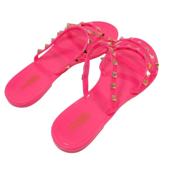Charlotte Russe Women's NEW Pink Gold Studded Jelly Slip-On Flat Strap Sandal 7 - Picture 8 of 12